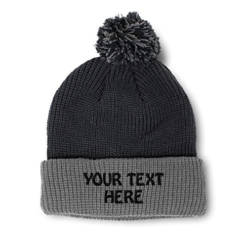 Custom Black Gray pom pom beanie with embroidered logo — August Caps Pom Pom Beanie (8458)