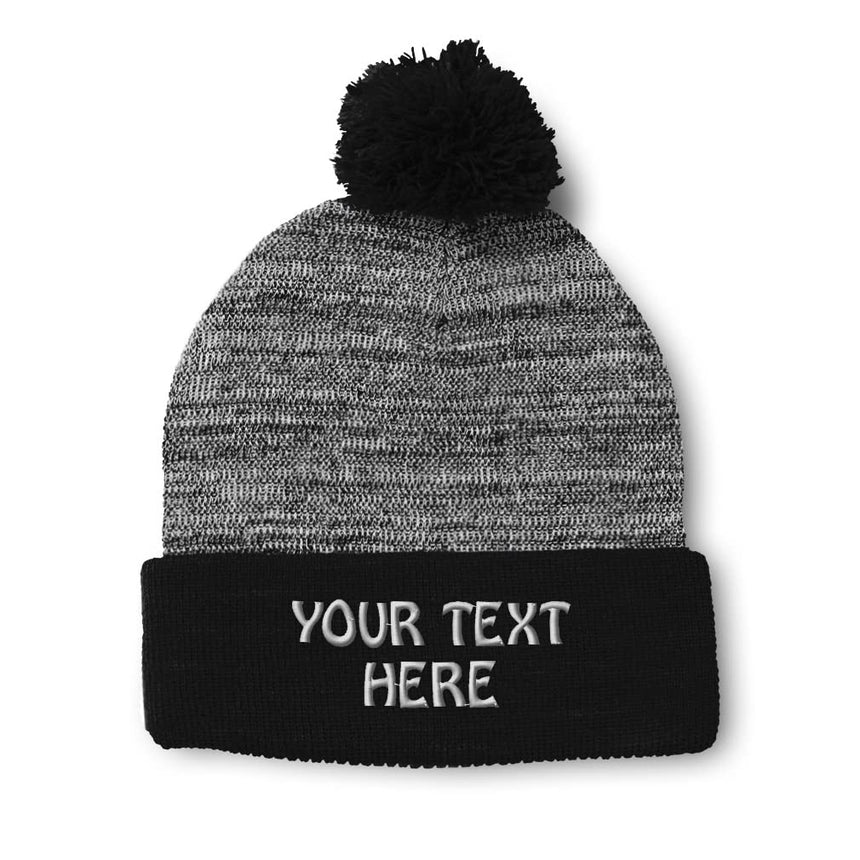Custom Heather Black pom pom beanie with embroidered logo — August Caps Pom Pom Beanie (8458)
