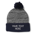 Custom Heather Navy pom pom beanie with embroidered logo — August Caps Pom Pom Beanie (8458)