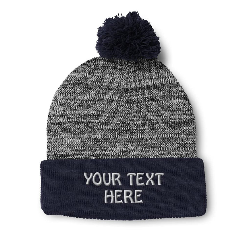 Custom Heather Navy pom pom beanie with embroidered logo — August Caps Pom Pom Beanie (8458)