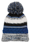 Custom Blue Black pom pom team beanie with embroidered logo — Sport-Tek STC21