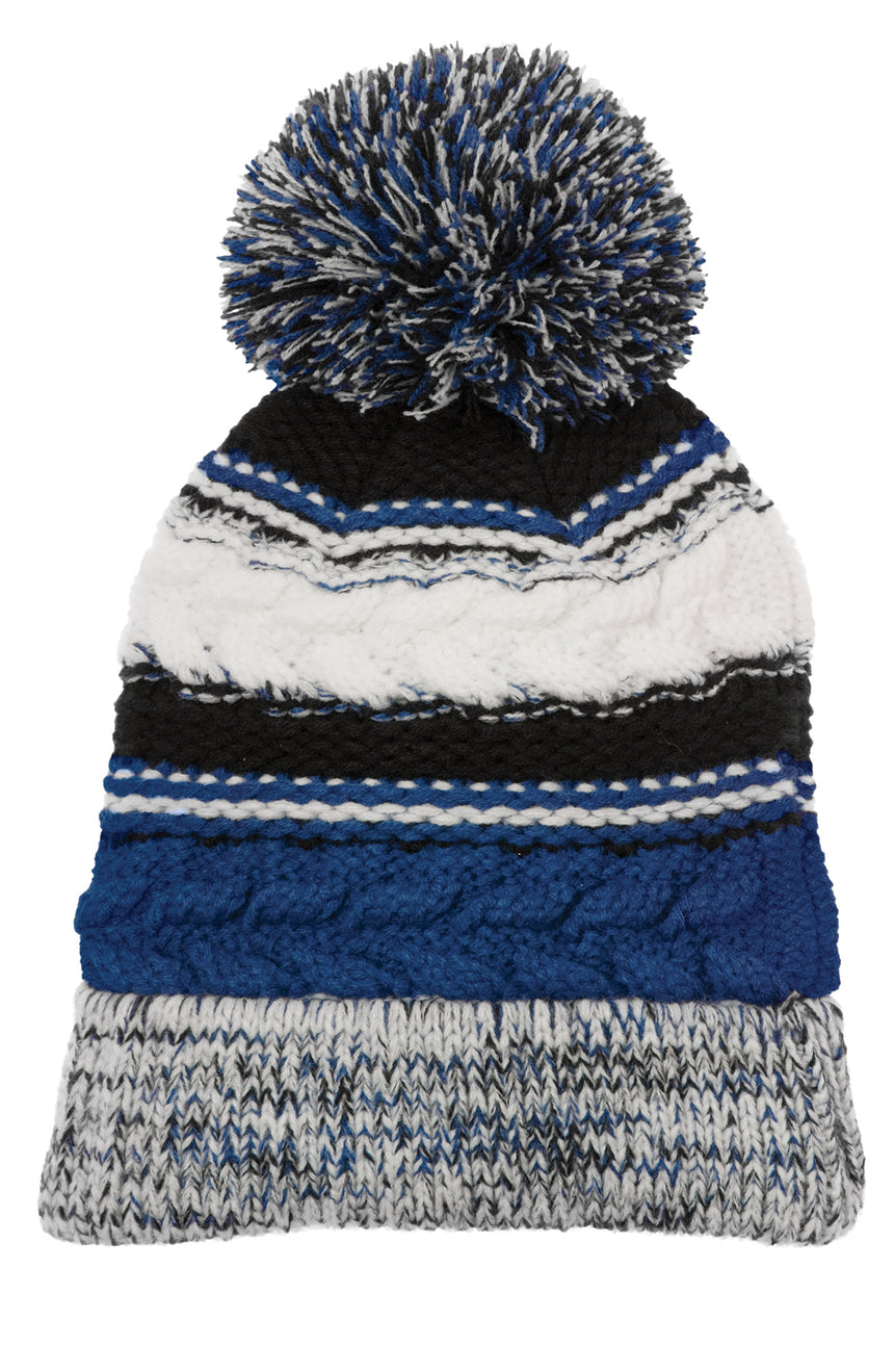 Custom Blue Black pom pom team beanie with embroidered logo — Sport-Tek STC21