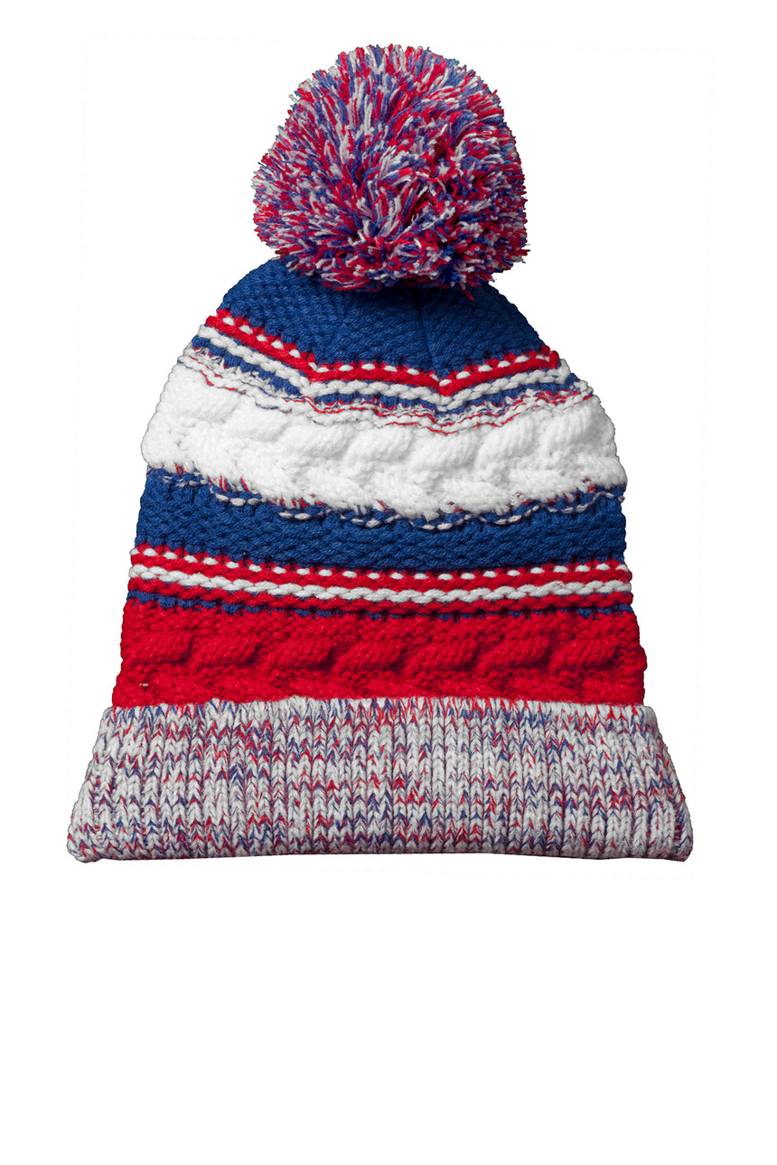 Custom Blue Red pom pom team beanie with embroidered logo — Sport-Tek STC21