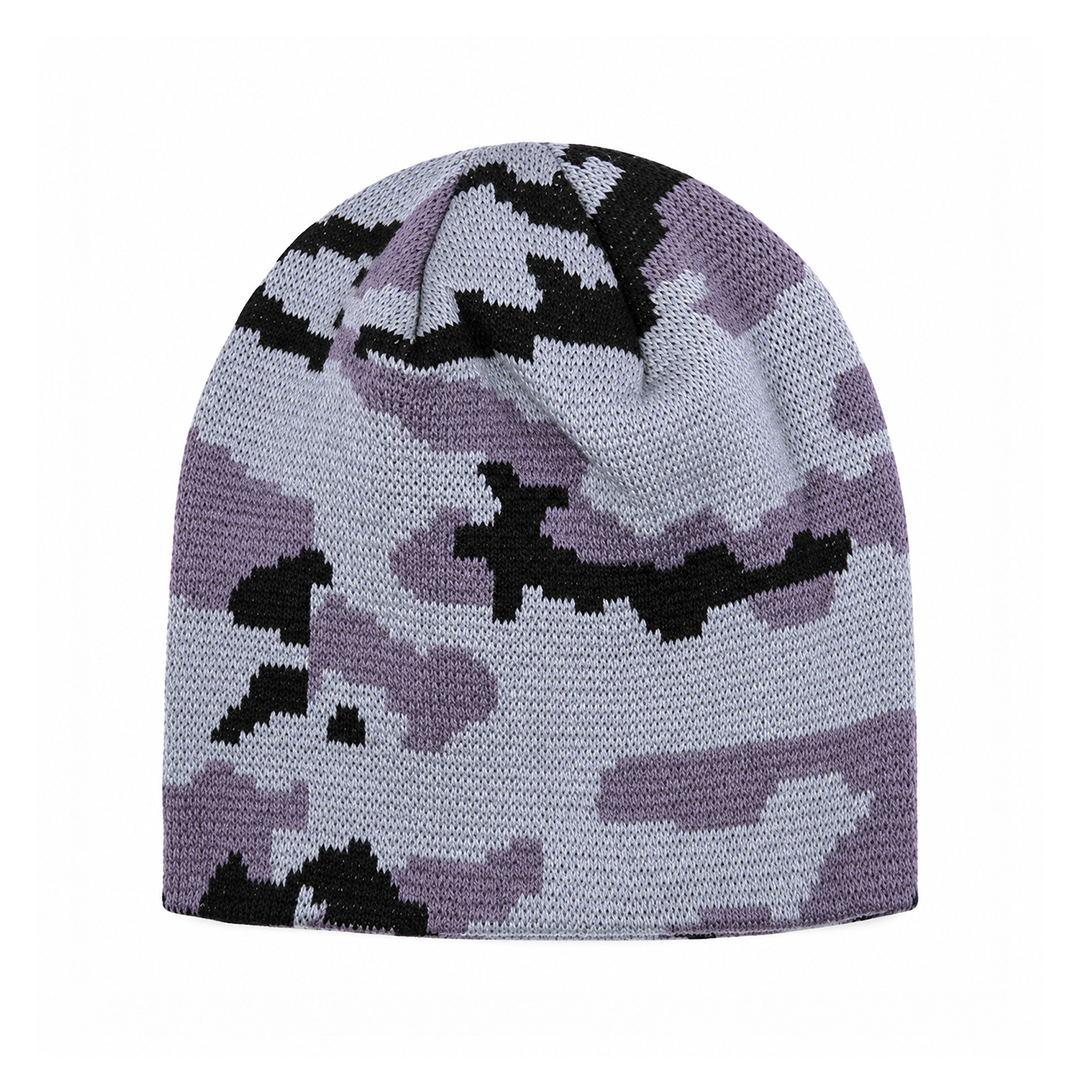 Custom camo knit beanie (Decky 8031) embroidered with a logo