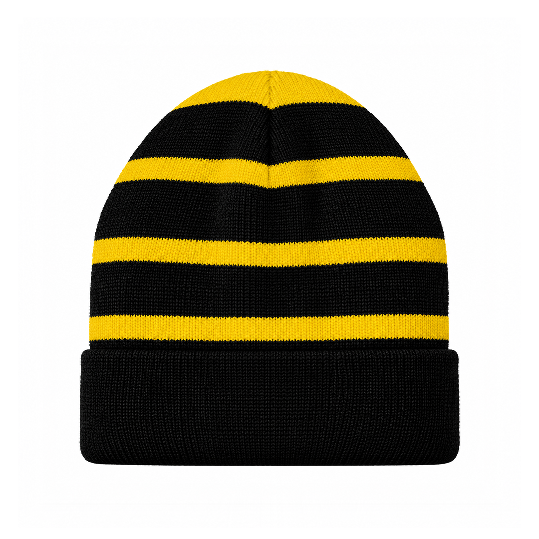 Custom striped fleece-lined beanie (Sport-Tek STC31) embroidered with a logo