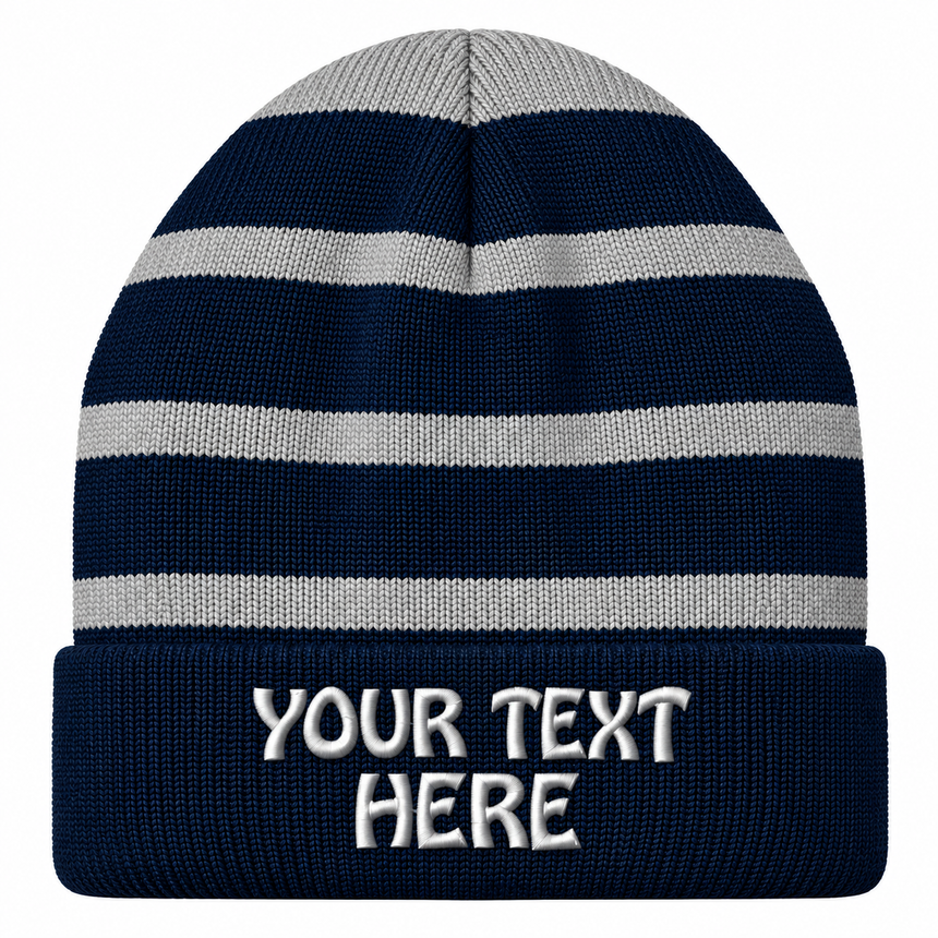Sport-Tek STC31 Striped Fleece-Lined Beanie - Team Navy/Silver
