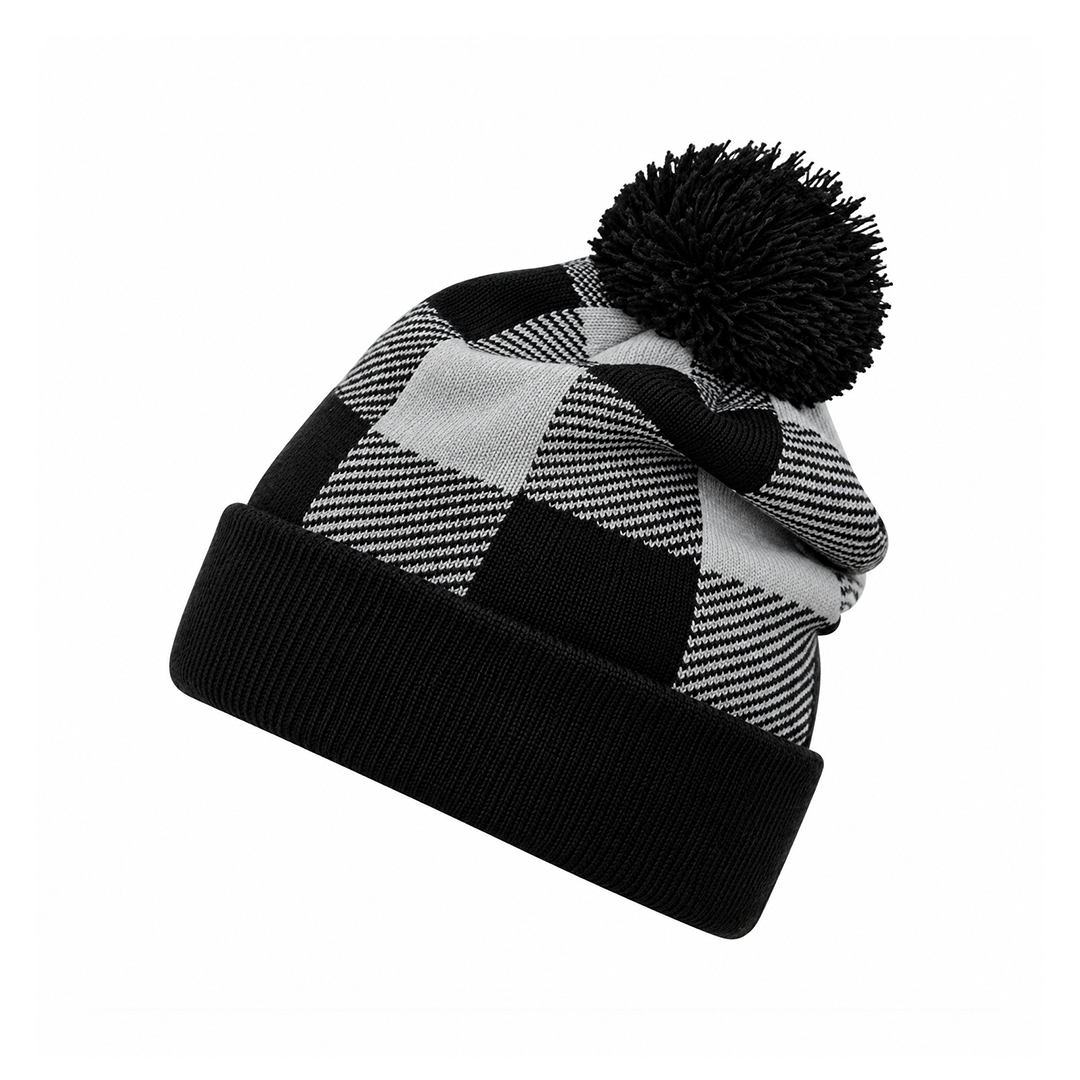 Custom buffalo plaid pom beanie (Decky 8028) embroidered with a logo