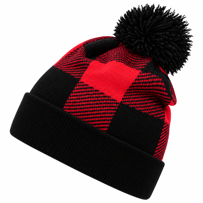 Decky 8028 Buffalo Plaid Pom Beanie - Red Plaid