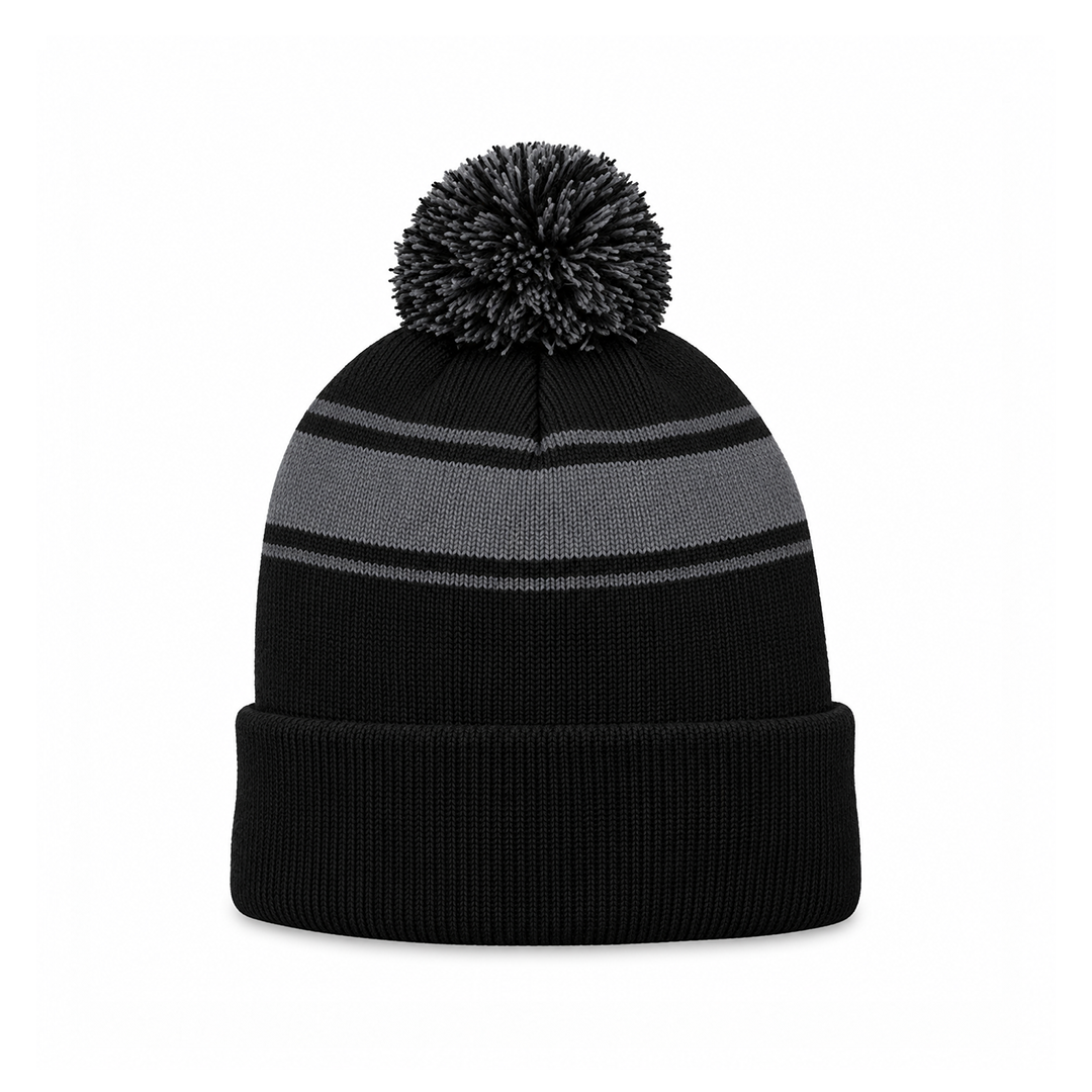 Custom striped pom pom beanie (Sport-Tek STC28) embroidered with a logo