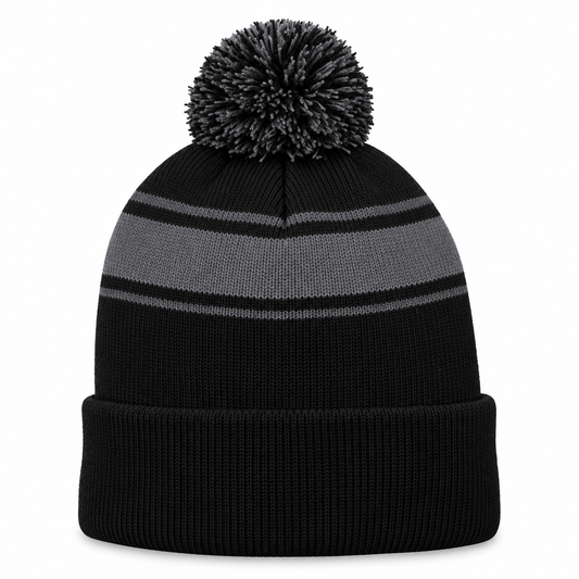 Sport-Tek STC28 Striped Pom Pom Beanie - Black Gray
