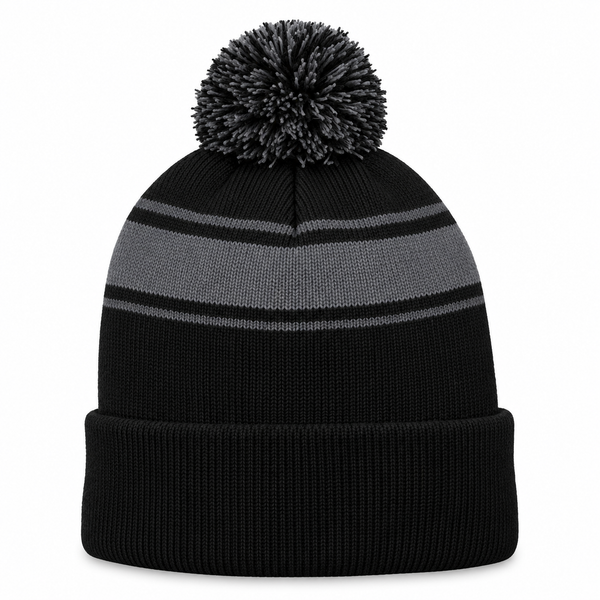 Sport-Tek STC28 Striped Pom Pom Beanie - Black Gray