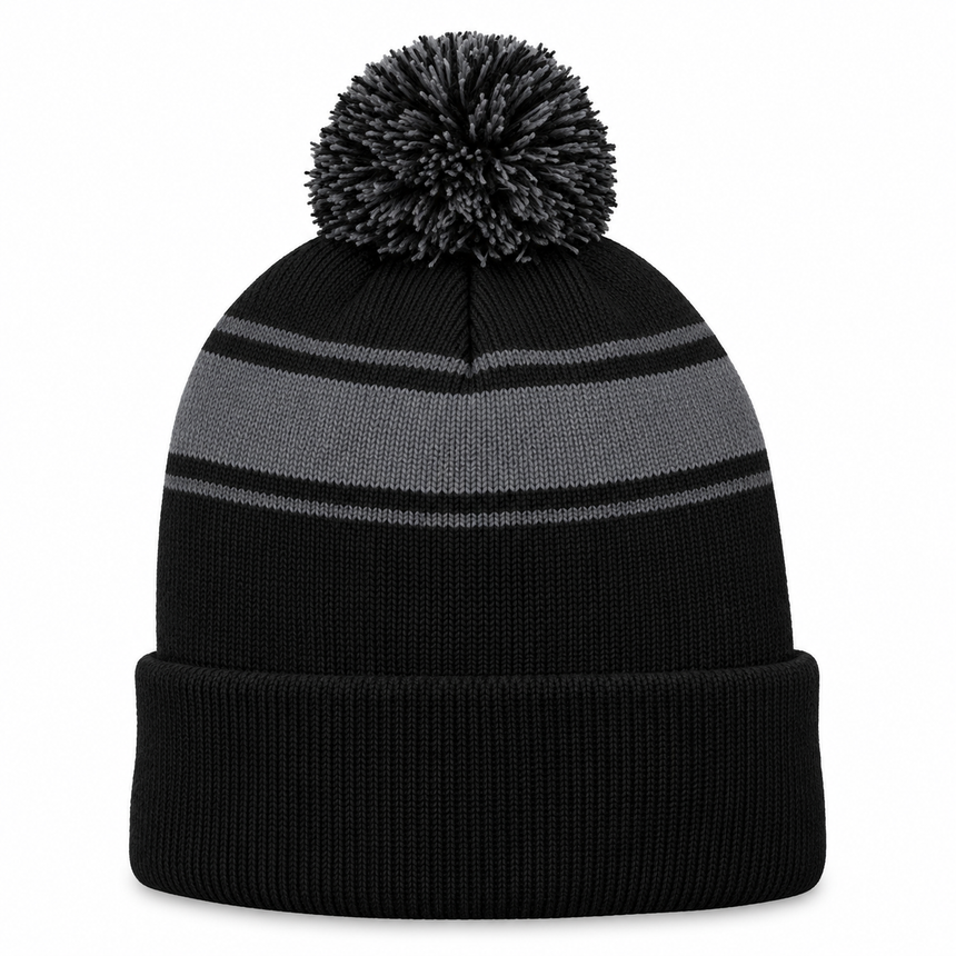 Sport-Tek STC28 Striped Pom Pom Beanie - Black Gray
