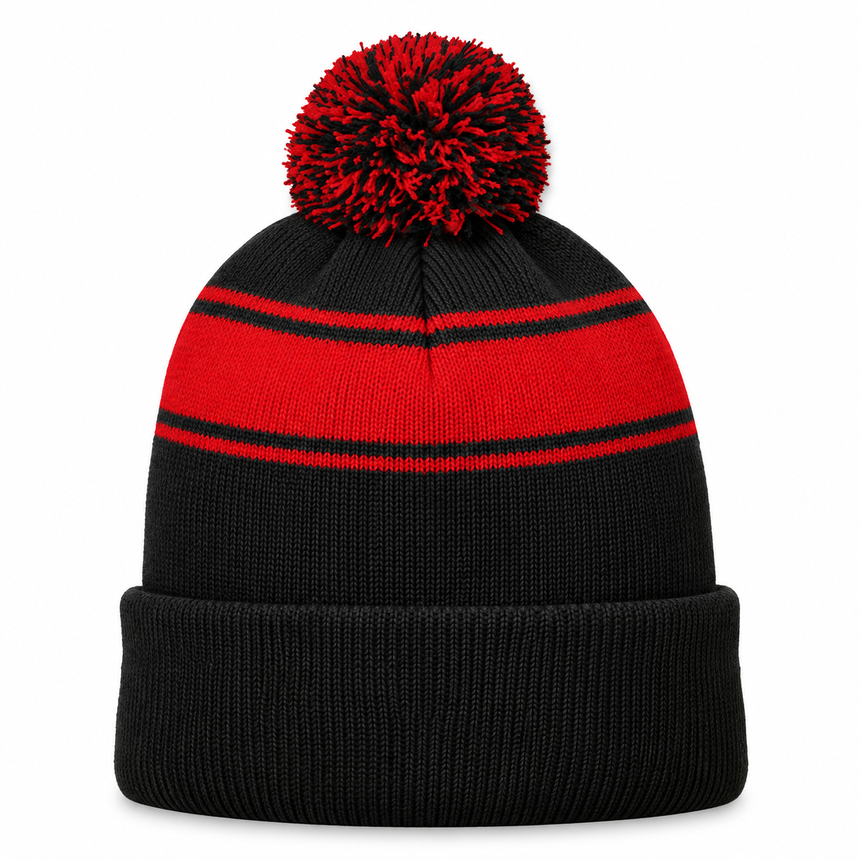 Sport-Tek STC28 Striped Pom Pom Beanie - Black Red