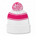 Sport-Tek STC28 Striped Pom Pom Beanie - White Pink