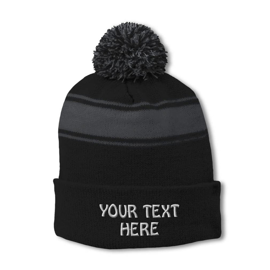 Sport-Tek STC28 Striped Pom Pom Beanie - Black Gray