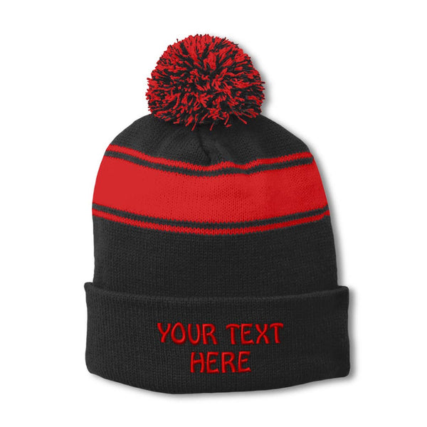 Sport-Tek STC28 Striped Pom Pom Beanie - Black Red