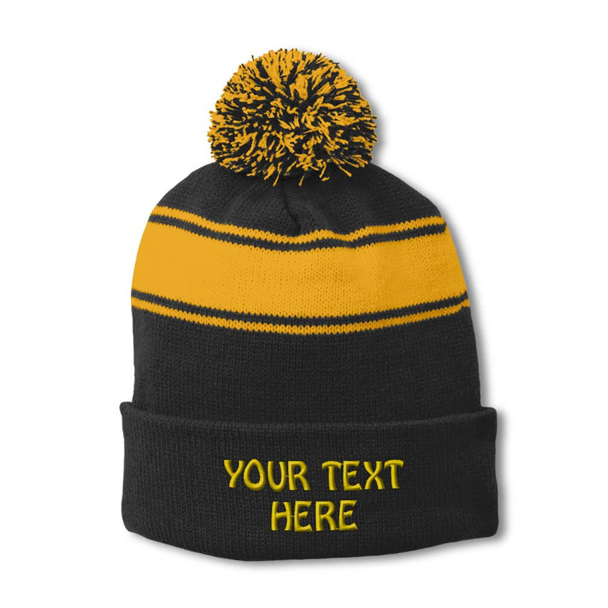 Sport-Tek STC28 Striped Pom Pom Beanie - Black Yellow