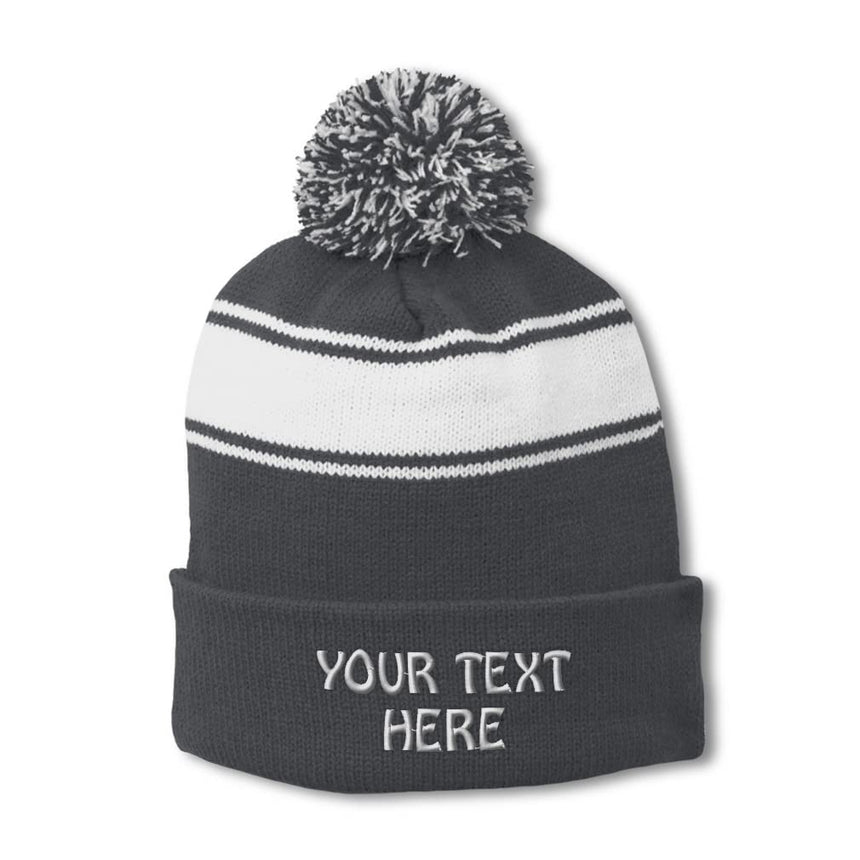 Sport-Tek STC28 Striped Pom Pom Beanie - Gray White