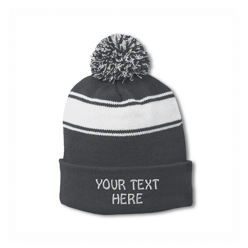 Sport-Tek STC28 Striped Pom Pom Beanie - Gray White