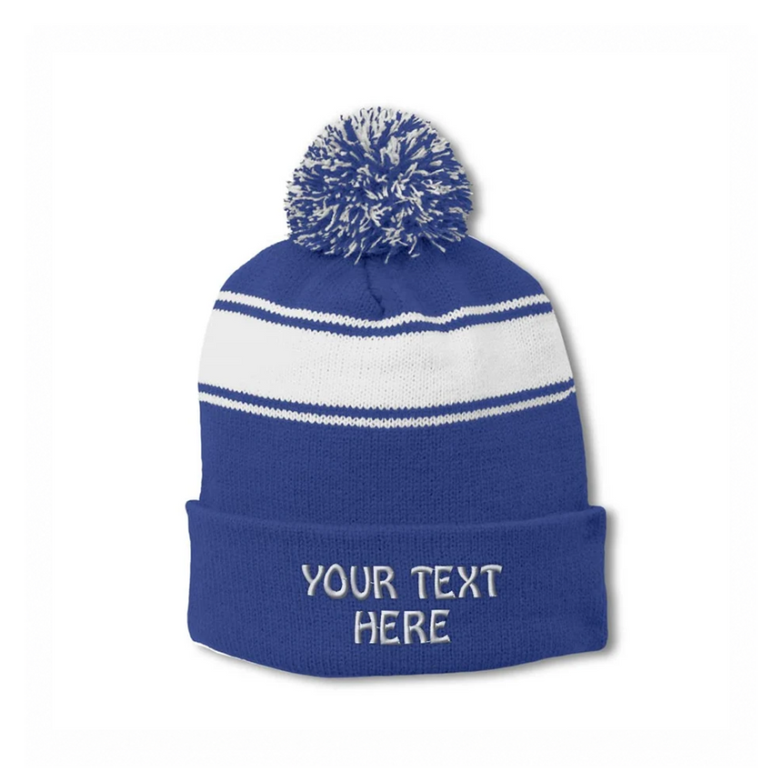 Sport-Tek STC28 Striped Pom Pom Beanie - Royal Blue White