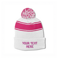 Sport-Tek STC28 Striped Pom Pom Beanie - White Pink