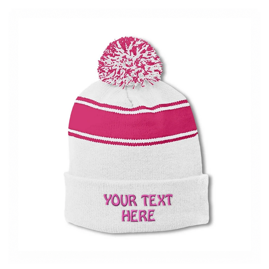 Sport-Tek STC28 Striped Pom Pom Beanie - White Pink