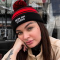 Sport-Tek STC28 Striped Pom Pom Beanie - Black Red