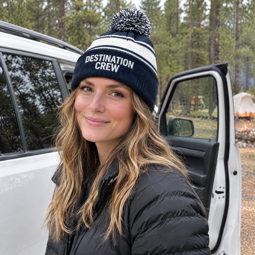 Sport-Tek STC28 Striped Pom Pom Beanie - Navy White