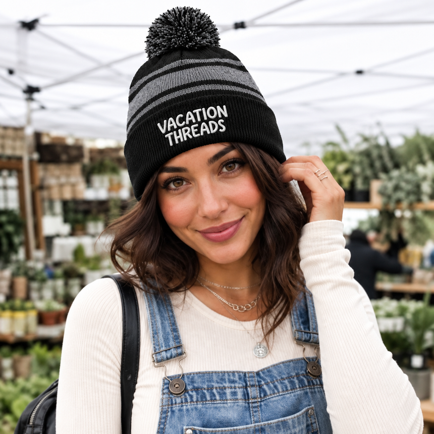 Sport-Tek STC28 Striped Pom Pom Beanie - Black Gray