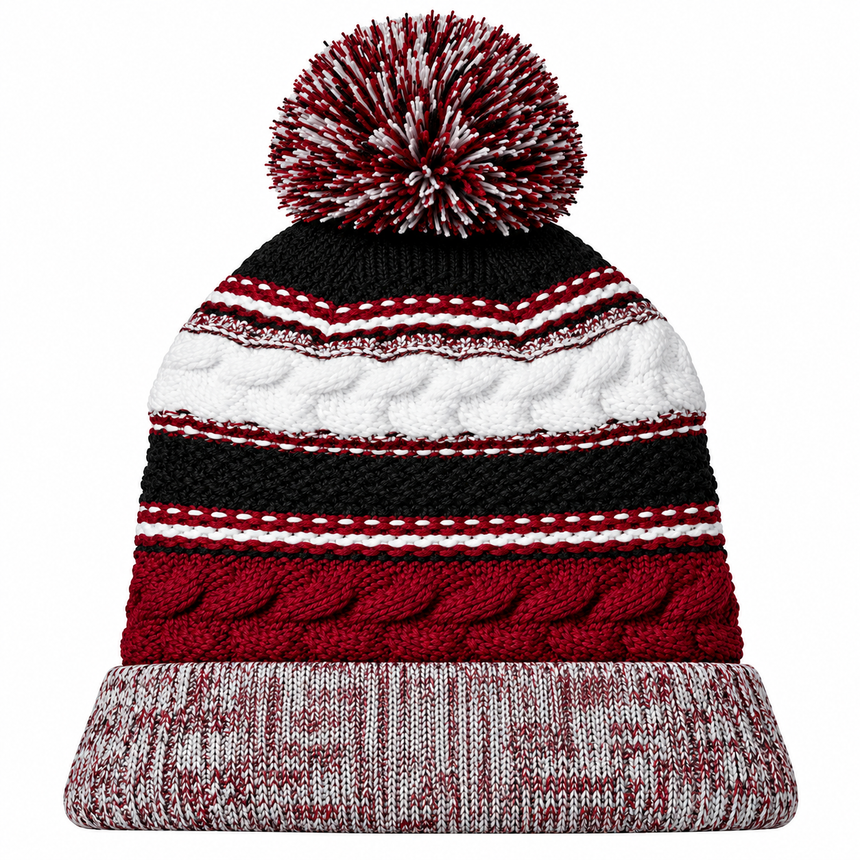 Sport-Tek STC21 Pom Pom Team Beanie - Maroon/ Black/ White