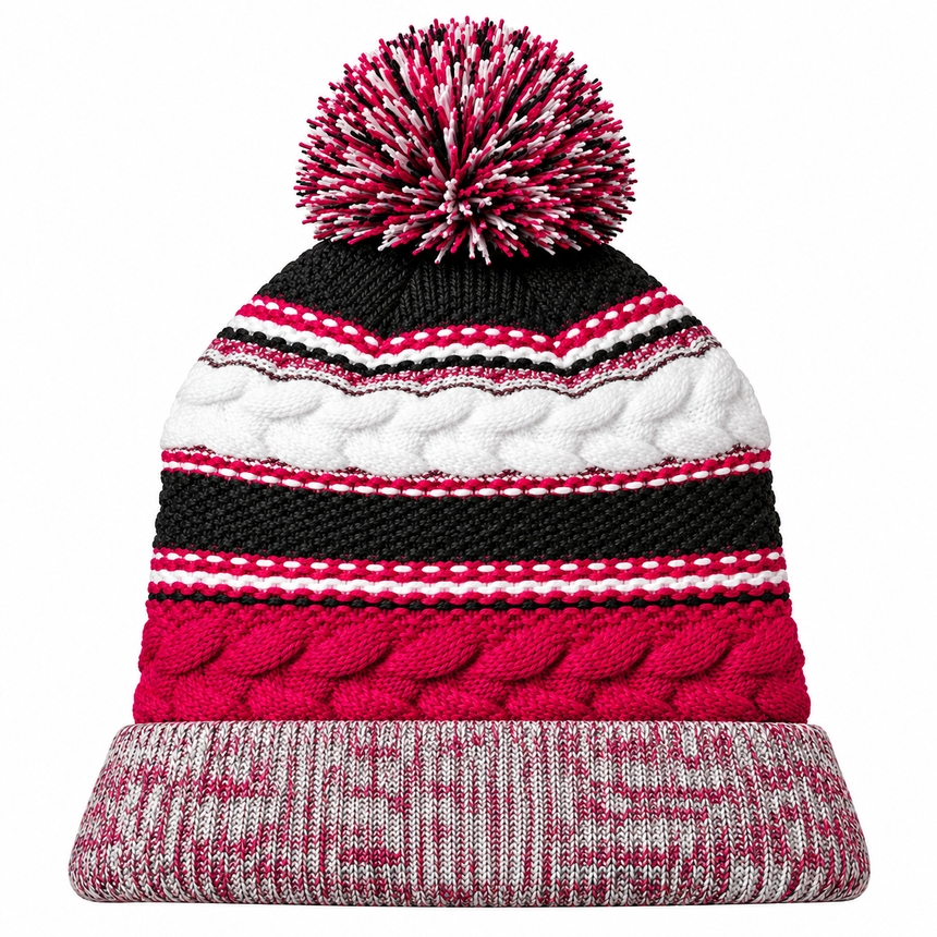Sport-Tek STC21 Pom Pom Team Beanie - Pink Raspberry/ Iron Grey/ White