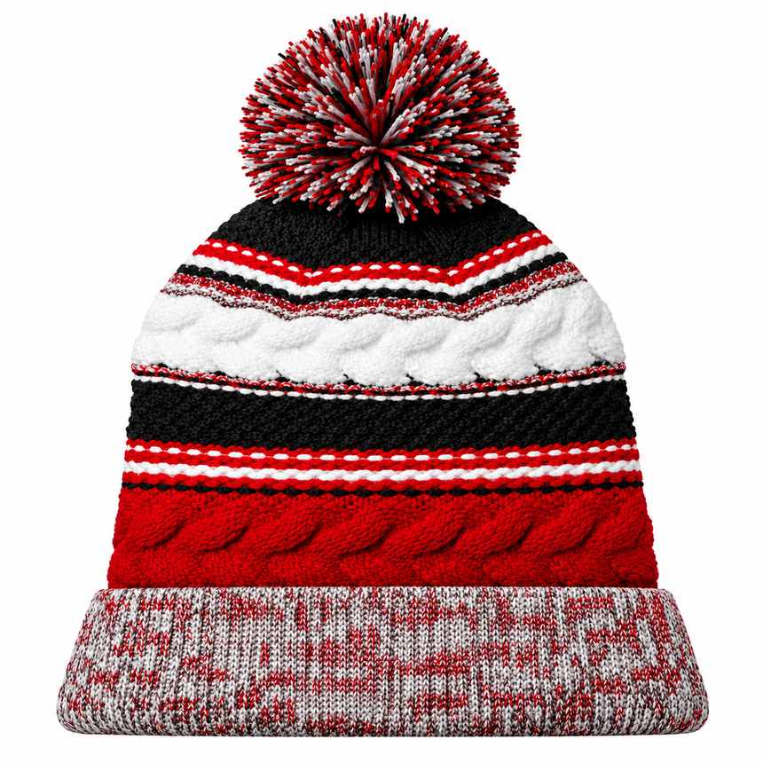 Sport-Tek STC21 Pom Pom Team Beanie - True Red/ Black/ White