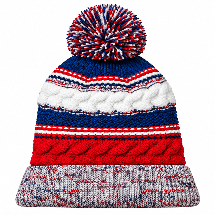 Sport-Tek STC21 Pom Pom Team Beanie - True Red/ True Royal/ White