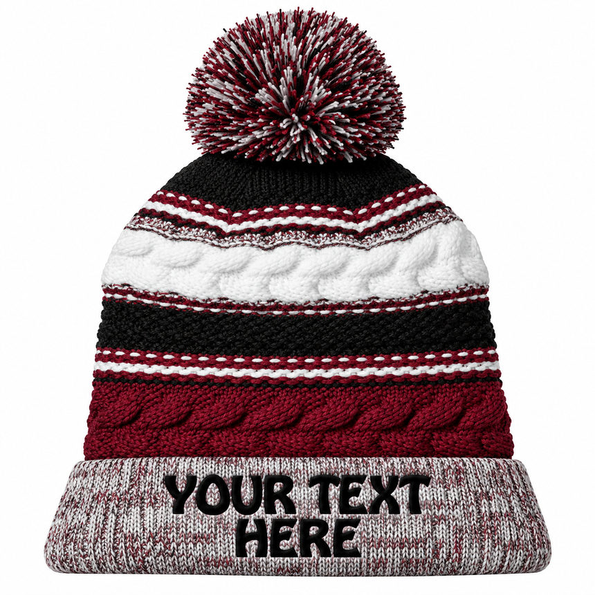 Sport-Tek STC21 Pom Pom Team Beanie - Maroon/ Black/ White