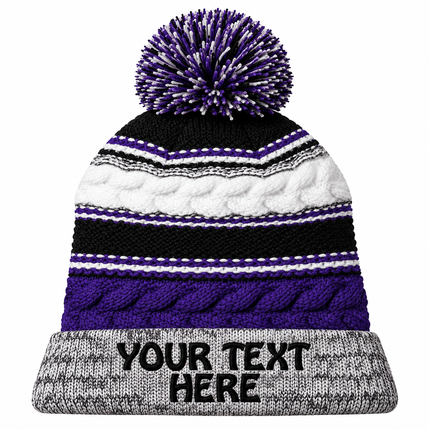 Sport-Tek STC21 Pom Pom Team Beanie - Purple/ Black/ White