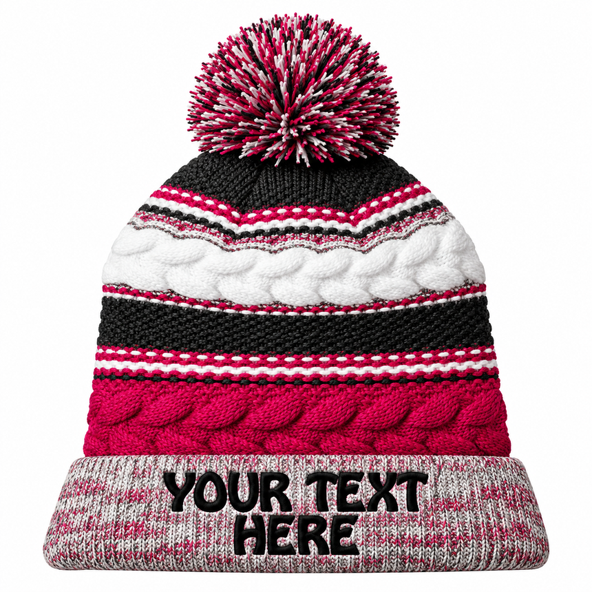 Sport-Tek STC21 Pom Pom Team Beanie - Pink Raspberry/ Iron Grey/ White