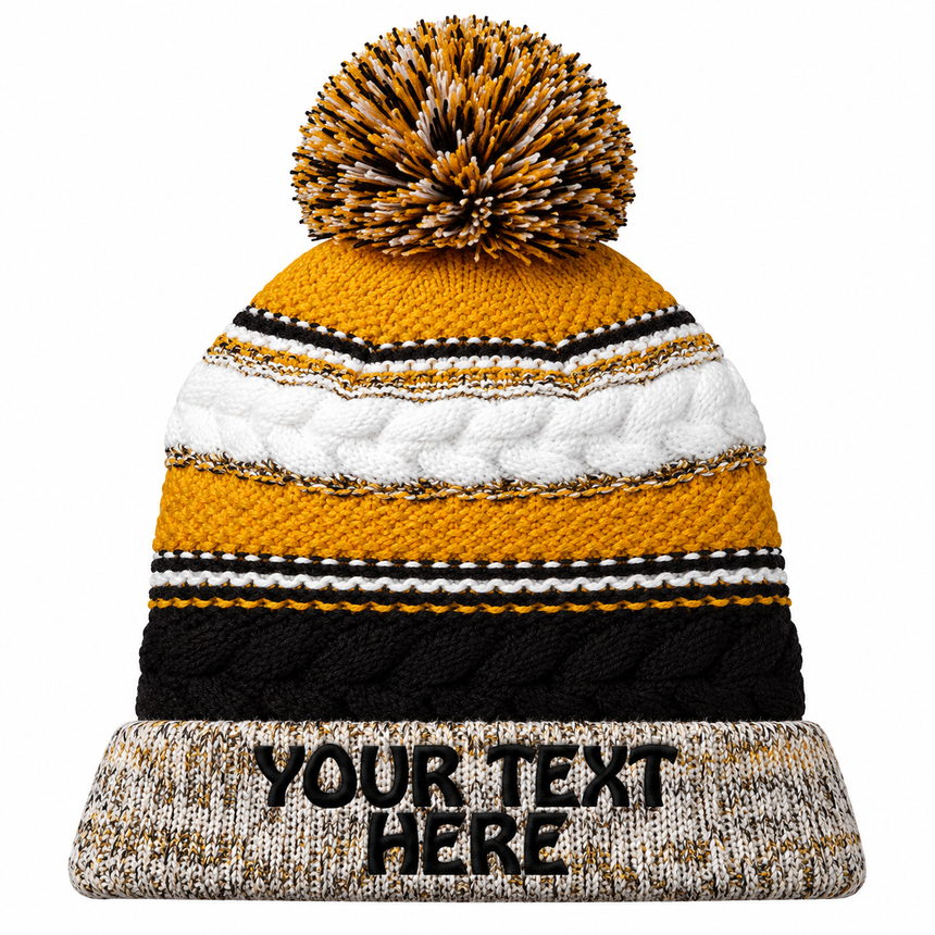 Sport-Tek STC21 Pom Pom Team Beanie - True Navy/ Gold/ White