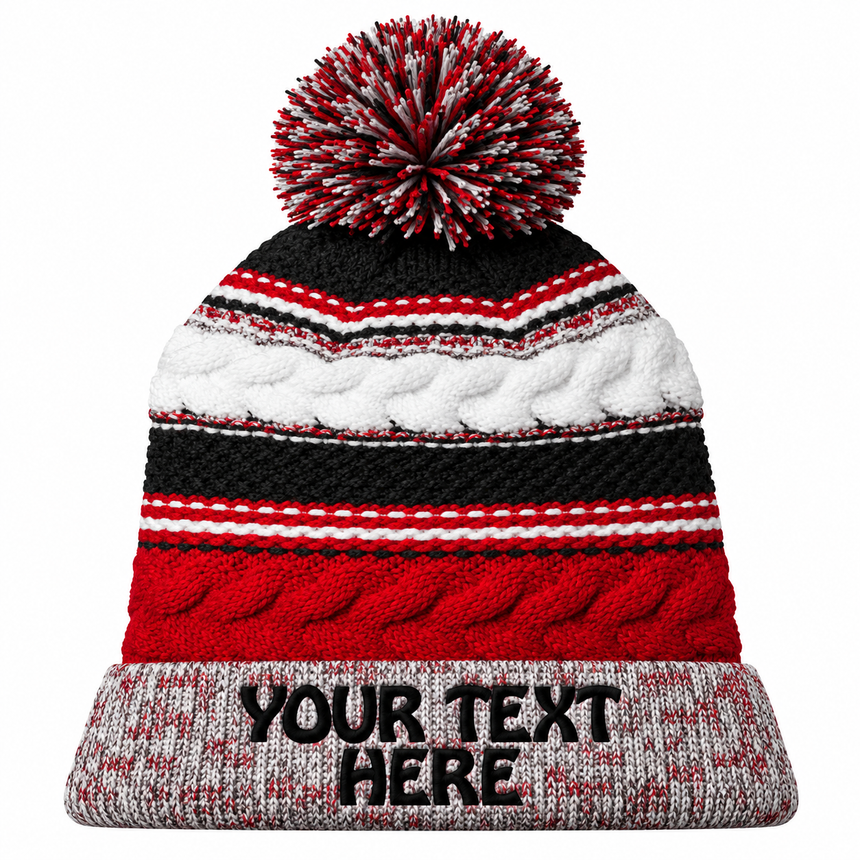 Sport-Tek STC21 Pom Pom Team Beanie - True Red/ Black/ White