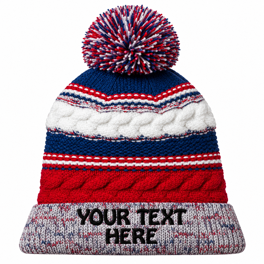 Sport-Tek STC21 Pom Pom Team Beanie - True Red/ True Royal/ White