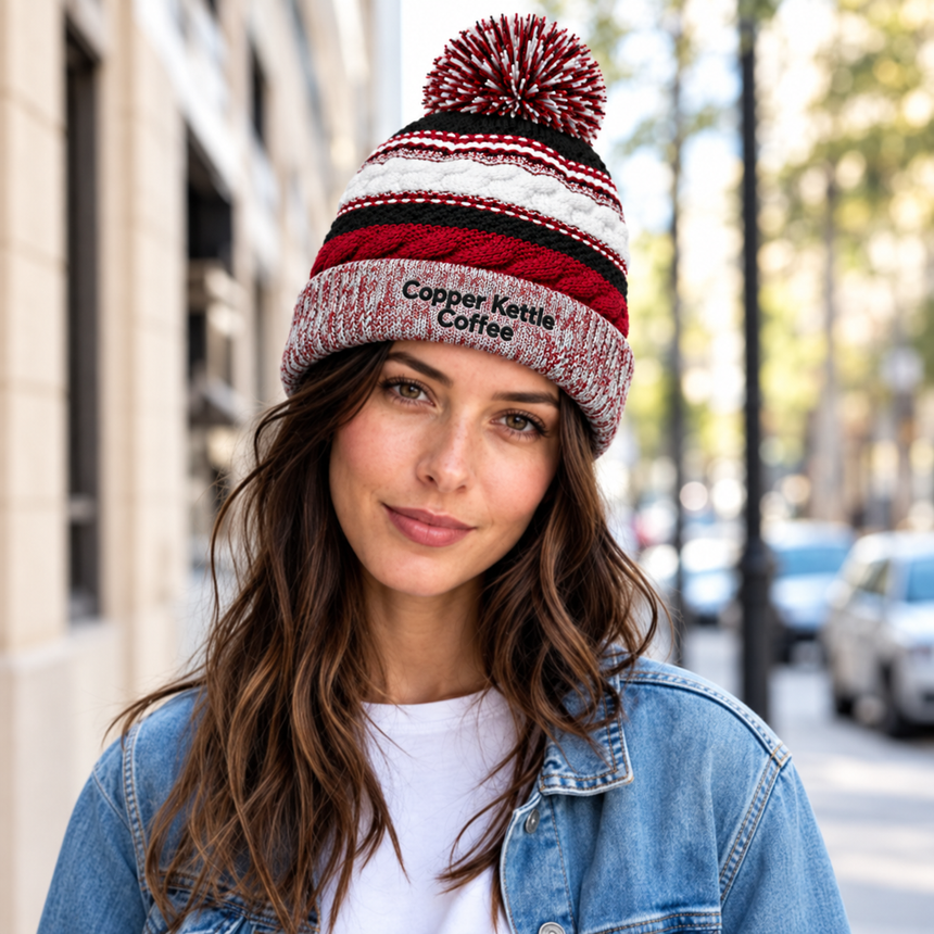 Sport-Tek STC21 Pom Pom Team Beanie - Maroon/ Black/ White