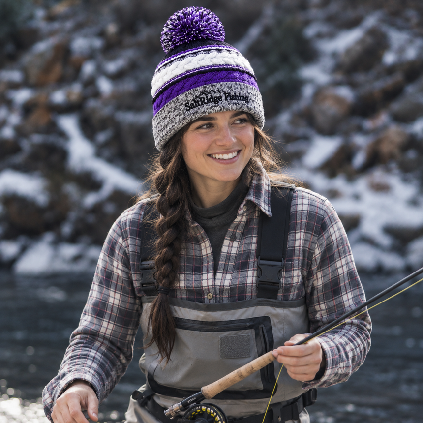 Sport-Tek STC21 Pom Pom Team Beanie - Purple/ Black/ White