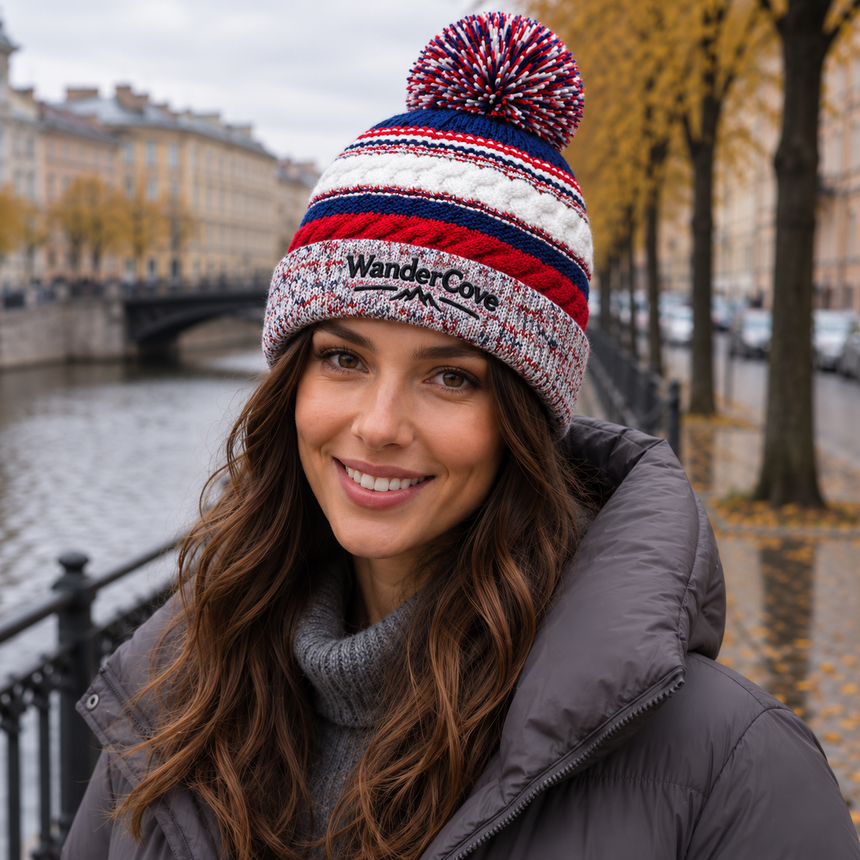 Sport-Tek STC21 Pom Pom Team Beanie - True Red/ True Royal/ White