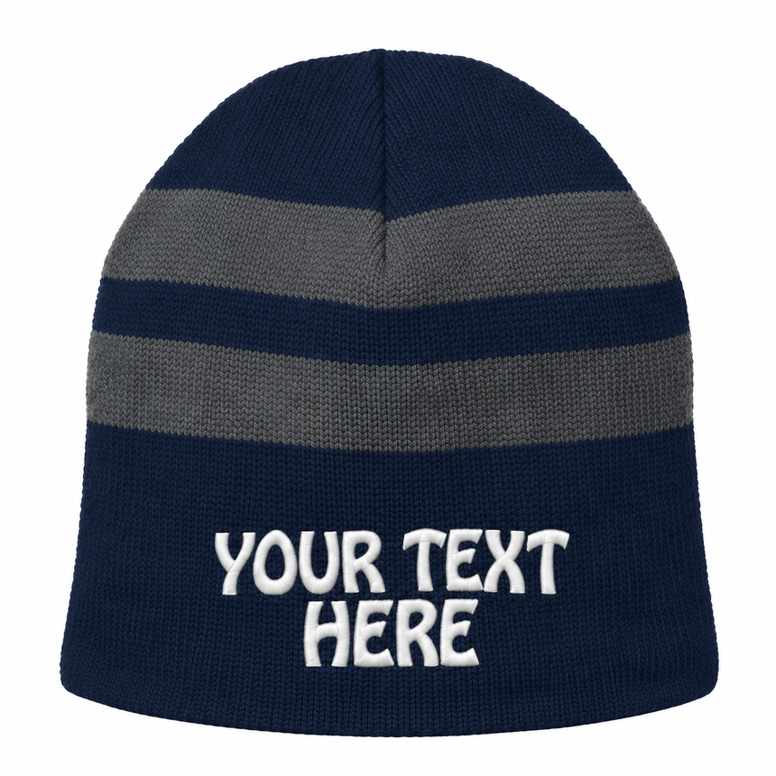 Port & Company C922 Fleece-Lined Striped Beanie - Navy/Athletic Oxford