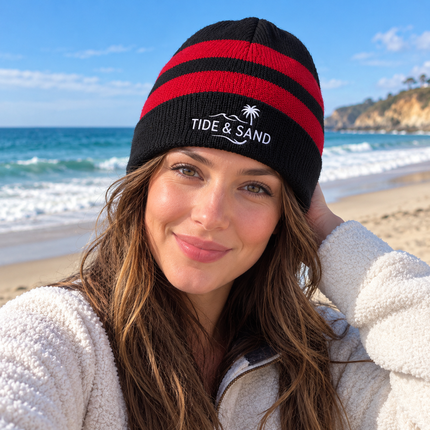 Port & Company C922 Fleece-Lined Striped Beanie - Black/Athletic Red