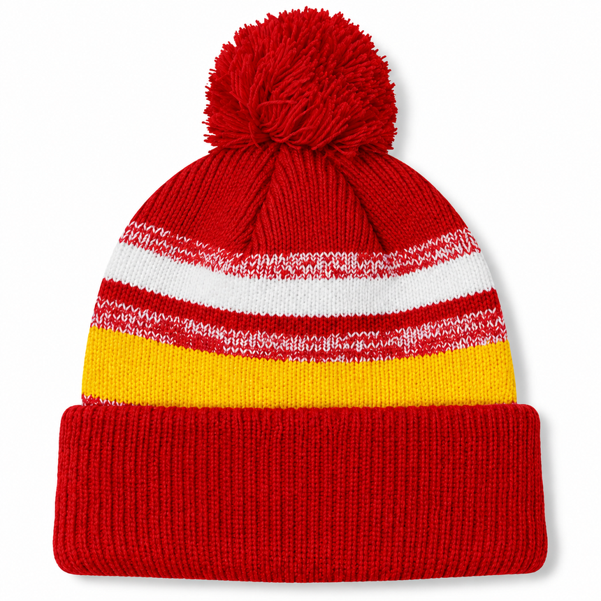 August Caps 8779 Multi-Stripe Pom Pom Beanie - Red Yellow