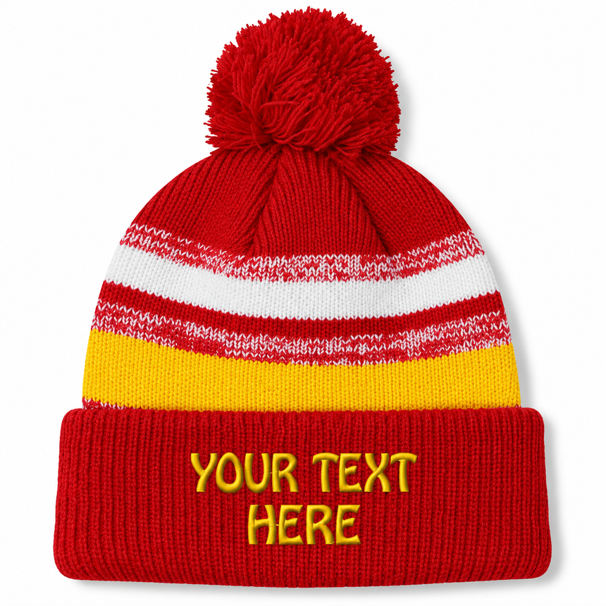 August Caps 8779 Multi-Stripe Pom Pom Beanie - Red Yellow