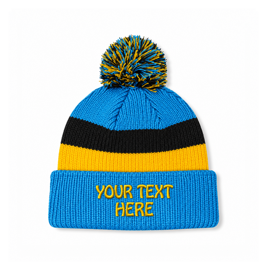 August Caps 8779 Multi-Stripe Pom Pom Beanie - Light Blue Yellow